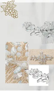 Détail du peigne à cheveux de mariée argenté avec perles de cristal et nacres