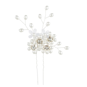 Forcina sposa argento con fiori bianchi, perle e cristalli per acconciature da sposa
