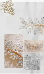 Detailed macro view of handmade gold wire hair comb with blue rhinestones and crystals