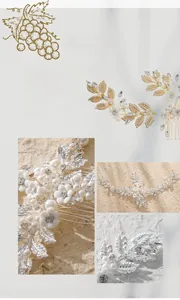 Macro shot of silver bridal hair comb with pearls, crystals and metallic leaves