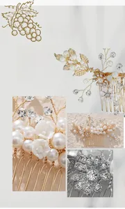 Detail of bridal hair comb with pearls, crystals, and ceramic flowers on gold wire