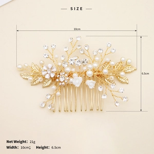 Detail view of the bridal hair comb showing 10cm x 6.5cm dimensions with white pearls