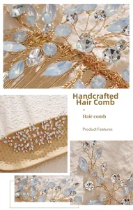 Close-up of handmade gold bridal hair comb with blue gemstones and sparkling rhinestones