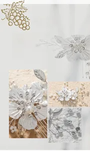 Détail du peigne à cheveux argenté avec perles, cristaux et textures de feuilles