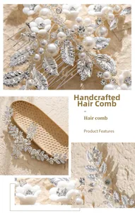 Close-up of bridal hair comb with handmade clay flowers, faux pearls and crystals