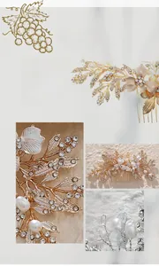 Gros plan détaillé du peigne de mariée fait main avec fils dorés, perles et strass