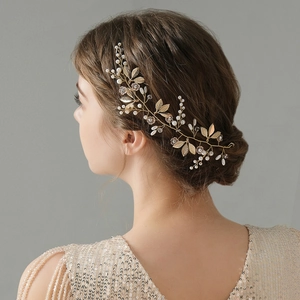 Handmade Gold Bridal Hair Vine Alloy Leaf Rhinestone Flower Wedding Headband With Imitation Artificial Pearl Ribbon For Women