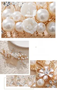 Detailed macro view of handmade bridal hair comb with pearls and gold wire craft