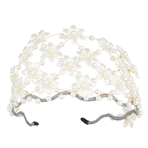 Serre-tête de mariée élégant avec fleurs blanches et perles sur fil doré tressé