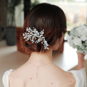 Peigne à Cheveux de Mariée Fait Main Élégant Alliage Argent Strass Künstliche Perle Feuille Branche Coiffe pour Mariage Fête Femme Bijoux