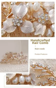 Gros plan détaillé sur un peigne à cheveux mariée fait main avec perles et strass