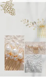 Detail of bridal hair comb with handmade pearls and rhinestones on gold alloy leaves
