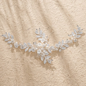Exquisite bridal hair comb with silver leaves, white flowers, pearls and rhinestones