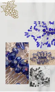 Detailed macro view of handmade bridal hair comb with blue crystals and silver wire weaving
