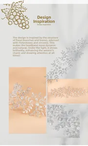 Detail view of bridal headband with silver leaves, sparkling rhinestones and cubic zirconia