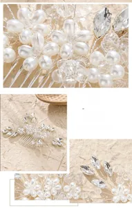 Macro detail of handmade hair comb with white pearls and sparkling crystal flowers