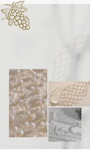 Detail of bridal hairband with handmade pearl mesh and golden wire with silk ribbon