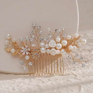 Handmade Bridal Hair Comb With Faux Artificial Pearls Rhinestones Floral Leaf Gold Silver Alloy Wedding Hair Accessories For Women