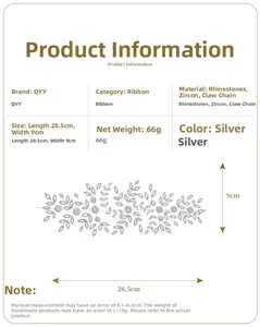 Size chart for silver rhinestone bridal headband measuring 28.5cm long and 9cm wide