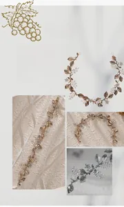 Detail of golden bridal headband featuring alloy leaves and sparkling crystals with ribbons
