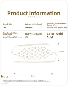 Detailed size specifications for the gold faux pearl and copper wire bridal headband
