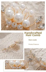 Macro details of handmade gold bridal hair comb with elegant pearls and sparkling rhinestones