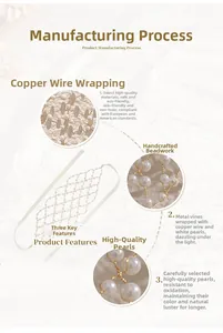 Detail of handcrafted bridal headband with gold copper wire and white pearls mesh work