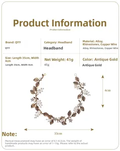 Detailed view of antique gold leaf headband with rhinestones showing dimensions 35cm x 4cm