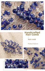 Detailed macro view of handmade bridal hair comb with deep blue crystals and silver wire