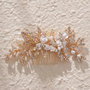 Peigne à Cheveux de Mariée Fait Main avec Künstliche Perles et Fleurs en Alliage et Strass Accessoire de Coiffure pour Mariage Femme Fête Or Argent