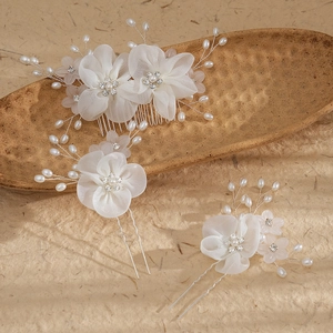 Handmade Bridal Hair Accessories White Fabric Flower Comb And U-Shape Pins With Faux Artificial Pearls Rhinestones Wedding Party Women Jewelry