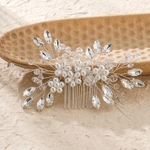 Handmade Artificial Pearl Rhinestone Hair Comb Bridal Wedding Hairpin Flower Leaf Crystal Headpiece Vintage Hair Accessories For Women