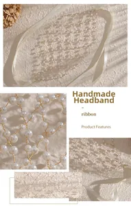 Detail of handmade bridal headband with mesh weave and pearls on cream silk ribbons