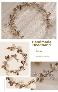 Detailed macro view of handmade gold bridal crown with metal leaves and crystal rhinestones