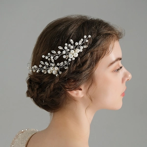 Elegant Handmade Gold Bridal Hair Comb With Imitation Artificial Pearls And Rhinestones Floral Forest Style Wedding Headpiece For Women