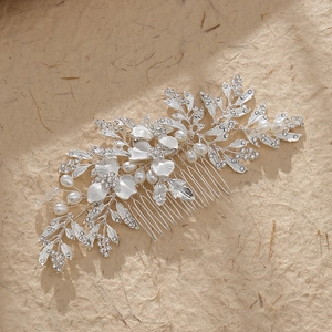 Peigne à cheveux de mariée argenté avec perles et strass, motif de feuilles et fleurs