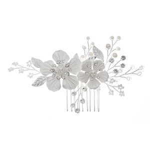 Handmade bridal hair comb with silver floral crystal accents and elegant pearls