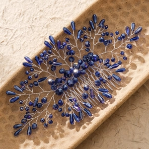 Handmade bridal hair comb with deep blue crystals and silver wire branch design