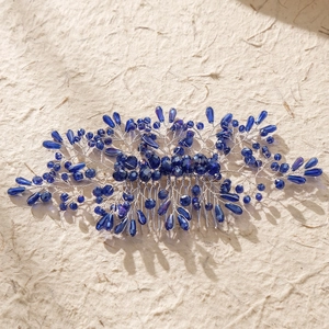 Handmade bridal hair comb with blue crystal beads and silver wire for wedding hair styles