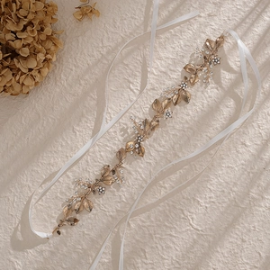 Vintage bridal leaf headband with gold alloy flowers and rhinestones on white ribbon