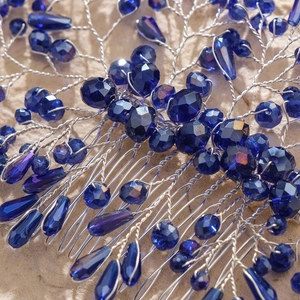 Handmade bridal hair comb with deep blue crystal beads and silver vine-like wire branches