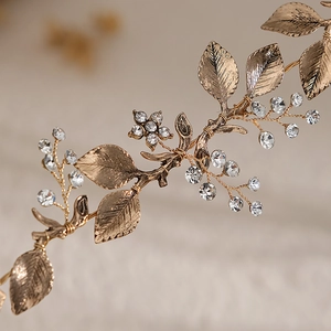 Vintage gold bridal headband with handmade alloy leaves and sparkling crystal rhinestones