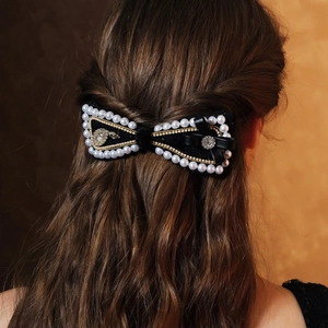 Vintage Black Velvet Bowknot Hair Clip With Imitation Artificial Pearl Rhinestone Elegant Spring Clip For Women Wedding Hair Accessory