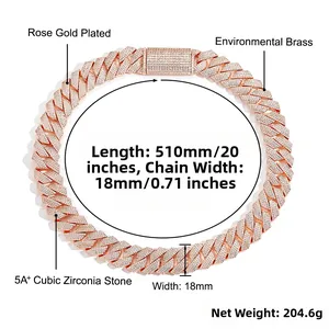 Vue détaillée de la chaîne cubaine plaquée or rose 18mm avec zircons cubiques 5A