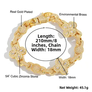 Detail view of 18mm wide hip-hop bracelet with cubic zirconia and four-leaf clover links
