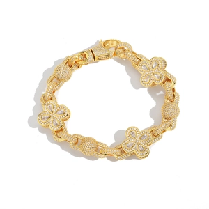 Hip Hop Iced Out Four Leaf Clover Copper Bracelet With Zirconia Gold Silver Plated Chain Unisex Fashion Jewelry Gift