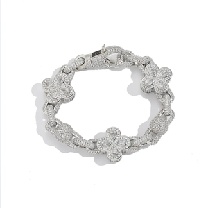 Luxury iced-out clover link bracelet for men with shimmering zircon stones and lobster clasp
