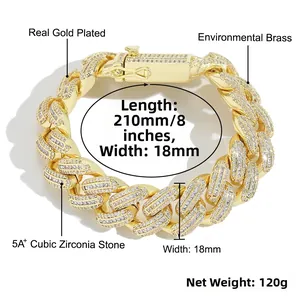 Detail of 18mm gold-plated cuban link bracelet with 5A+ cubic zirconia stones