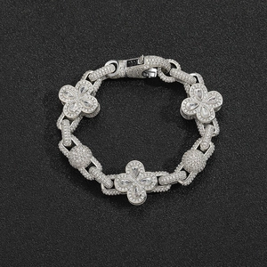 Hip-hop silver clover Cuban chain bracelet with full zircon pavé and lobster clasp