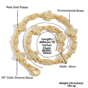 Detail view of 18mm gold plated brass chain with 5A+ cubic zirconia clover motifs